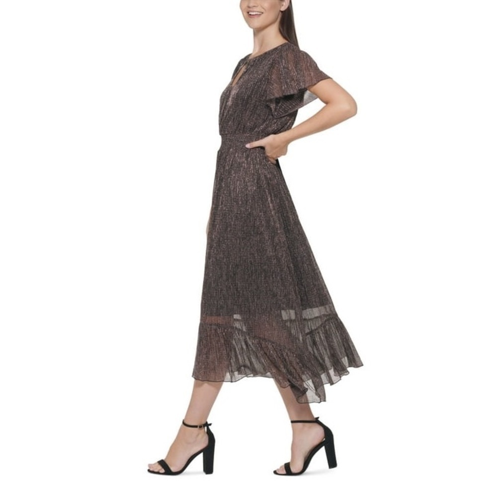 Kensie Black and Bronze Metallic Smocked Midi Dress Small - Picture 3 of 13